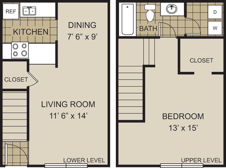 Floor plan for 1 bed, 1 bath, 768 sqft